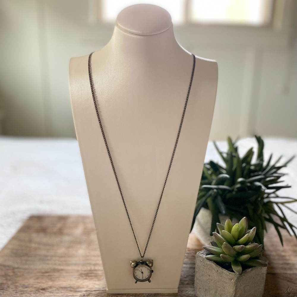 Metal Clock Pendant on Long Chain Necklace